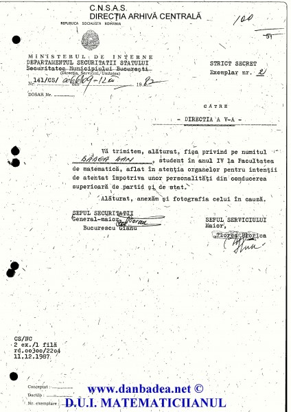 11.12.1987: Adresa SMB, semnată de Goran, prin care sunt semnalat, cu poza de rigoare, Direcției a V-a pentru ”intenții de atentat împotriva...”...