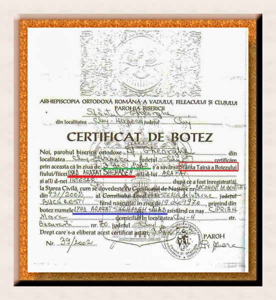 Certificatul de botez al palestinianului Iyad Arafat Shehaden - DIAB, un CREȘTIN MUSULMAN  de conjunctură