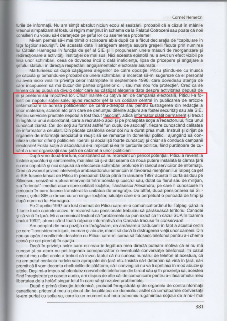 fragmentul referitor la ”asociații” SIE din cartea lui Cornel Nemetzi, Ultimul Curier Ilegal